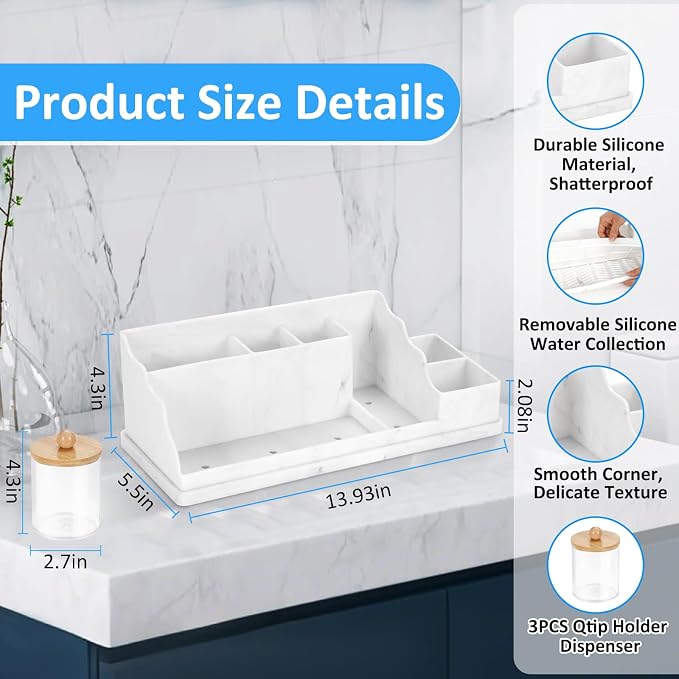 Bathroom Counter Organizer, White Silicone Toothbrush Holders for Bathrooms Organizer Countertop with 3PCS Qtip Holder, Toothbrush and Toothpaste Holder for Bathroom Organization Storage Vanity
