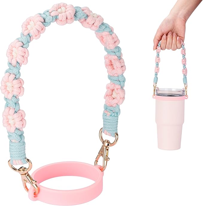 Water Bottle Handle, Hand-Woven Lanyards Silicone Water Bottle Sling, Carrier, Holder with Strap Compatible 8-40oz Stanley Cup Hydroflask Bottle Accessories-Flower Pink