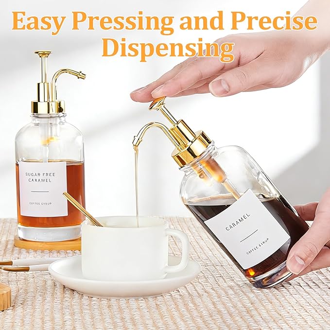 Coffee Syrup Dispenser, Coffee Bar Accessories 16.9 oz 500 ml - 2 Pack Glass Bottles with Pumps and Labels for Cafe or Home Bar, Kitchen(Gold Pump)