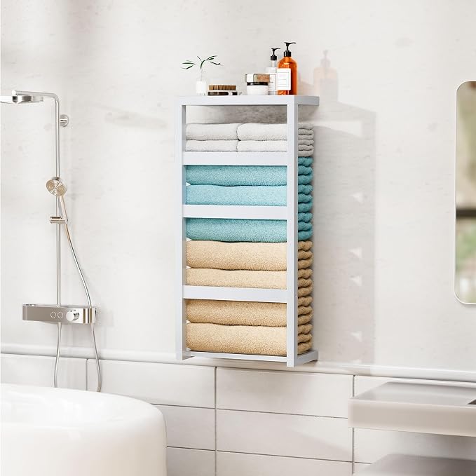 Bamboo Wall Blanket Ladder, 4-Tier Towel Racks, Bamboo Bath Towel Racks for Bathroom Wall Mounted, Decorative Blanket, Quilt, Towel, Scarf Ladder Shelves for Bathroom, Living Room, Bedroom，White
