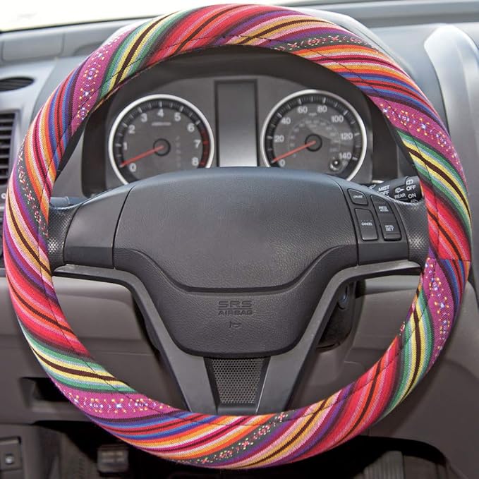 Carbella Pink Woven Boho Bohemian Hippie Saddle Blanket Style Steering Wheel Cover for Women - Fits Most Standard Wheel Sizes 14.5 - 15 inch Woven Style - Light Stripes