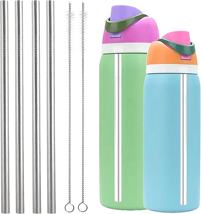 Stainless Steel Straw Set Compatible with Owala 24 oz 32 oz Water Bottle, 4 Piece Replacement Metal Straws With 2 Straw Cleaner