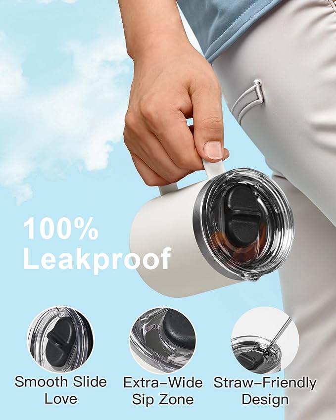 Insulated Coffee Mug 12 oz, Double Wall Stainless Steel Coffee Mug with Lids, Leak-Proof & Detachable Slider Lid for Thorough Clean, Keeps Coffee Cold for 9 Hrs, Suitable for Camp Home Office