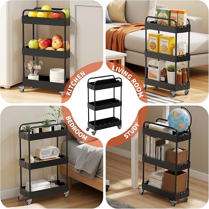 HOTEAGLE 3-Tier Rolling Cart Metal Expandable Utility Carts with Wheels, Ideal Storage Organizer for Livingroom, Bedroom, Kitchen and Bathroom, Black