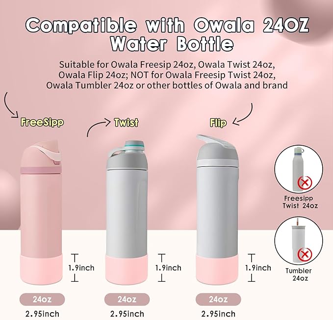 2PCS Silicone Water Bottle Boot, Compatible with Owala 24oz 32oz 40oz, Protective Anti-Scratch & Anti-Dent No Noise Sleeve Cover for FreeSip/Twist/Flip Water Bottles (Rose Quartz, 24oz)