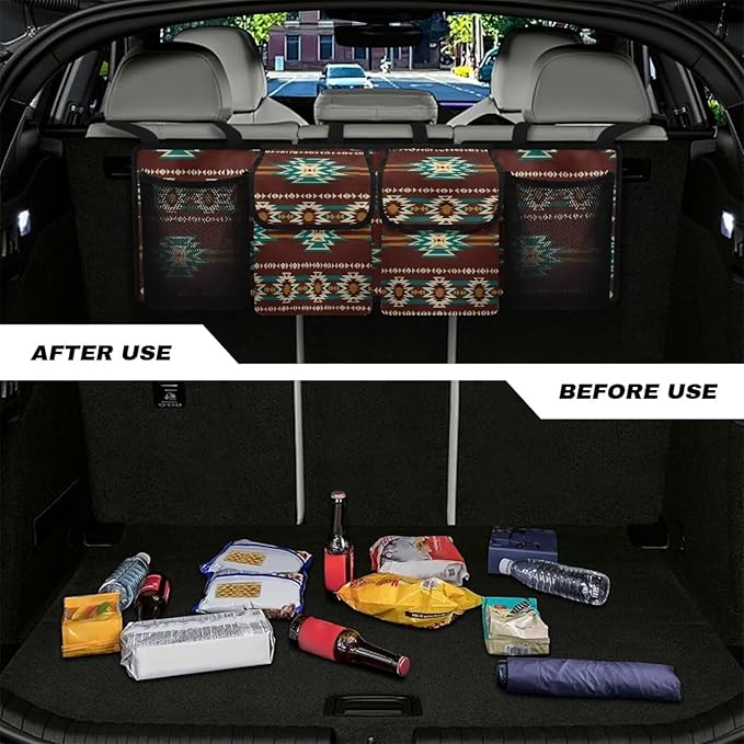 Brown Aztec Trunk Organizer for SUV, Car Organizer Back Seat Hanging Car Storage Container with 4 Pockets Collapsible Cargo Bag Car Interior Accessory
