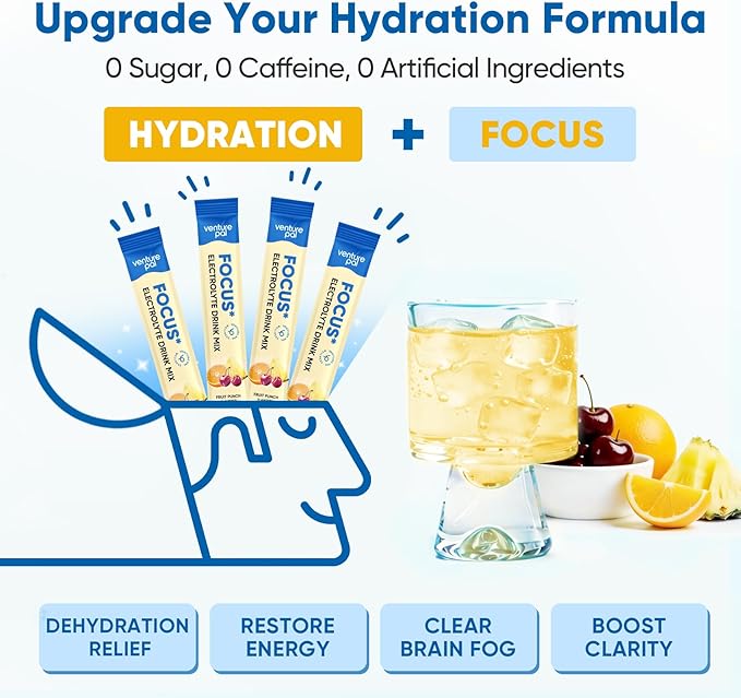 Venture Pal 2-in-1 Hydration Packets + Focus Support Electrolytes Powder, 7 Electrolytes + Vitamins, Magnesium, Lion's Mane & L-Theanine | Sugar Free Liquid Daily IV Drink Mix, Vegan, Keto, 16 Sticks