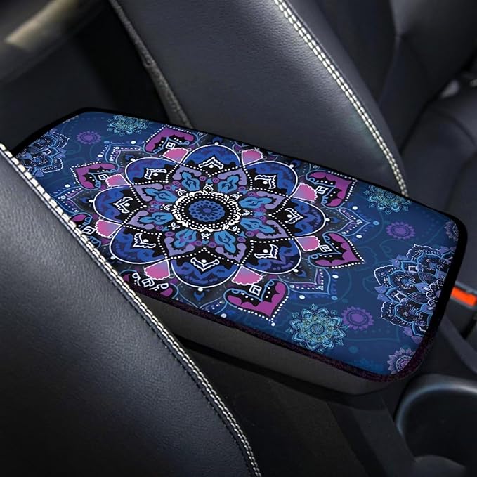 Mandala Flower Print Car Center Console Cushion Pad Dust-Proof Universal Armrest Cover Decorative Car Interior Accessories for Truck Sedan SUV