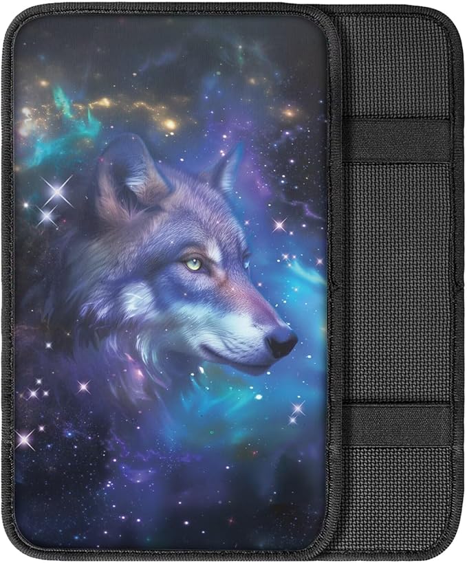 Galaxy Wolf Print Car Center Console Armrest Cover Dust-Proof Decorative Armrest Box Protector Cushion Pad for Most Vehicles, Universal Fits, Blue