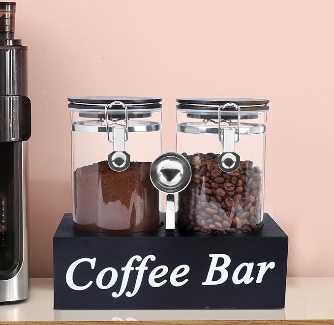 WYTAOHZL 2PCS Glass Coffee Containers with Shelf 54 oz Coffee Station Organizer Glass Bean Storage with Spoon Canister Set Jars with Airtight Locking Clamp for Bean Sugar Nuts