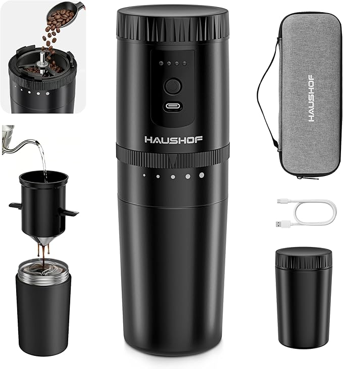 HAUSHOF Portable Coffee Maker, Camping Coffee Makers Travel Mini Coffee Maker, Portable Travel Coffee Maker with Grinder, Personal Cordless Travel Coffee Maker for Car, Camping, and Home