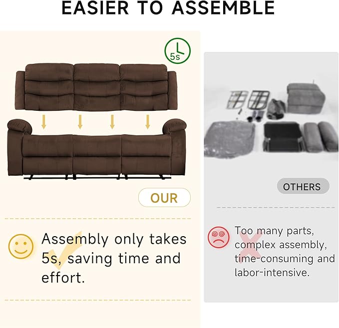 Reclining Sofa Set 3 Seater Couch Recliner, Velvet Wall Hugger Recliner Sofas for Living Room, RV, Home Theater Seating(Brown, 3 Seater Sofa)