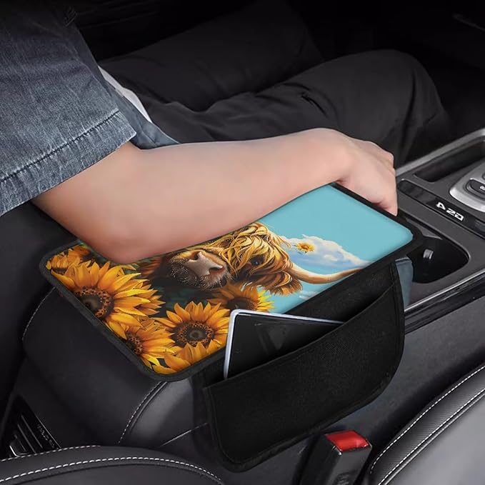 Boatee Highland Cattle Sunflower Arm Rest Cover for Car Center Console Organizer for Auto Armrest Pad Universal Console Mat Automotive Accessories Interior Set Stylish Armrest Storage Box Mat Blue