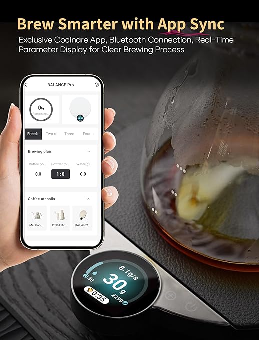 Cocinare Balance Pro 0.1g Precision Coffee Scale, 3.5kg Digital with Timer Kitchen Scale for Coffee & Food, App Control (White)