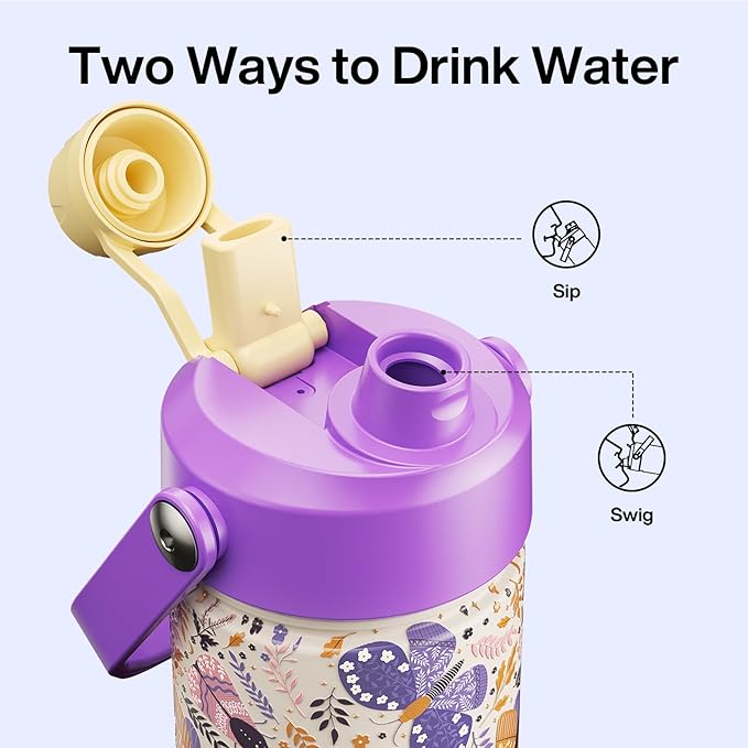 ENCOOL Insulated Water Bottle with Straw Stainless Steel Water Bottle, Leak-Proof, BPA-Free, Double Wall Vacuum Keeps Cold for 24 Hours for Sports, Travel, School (26 oz, Lavender Butterfly)