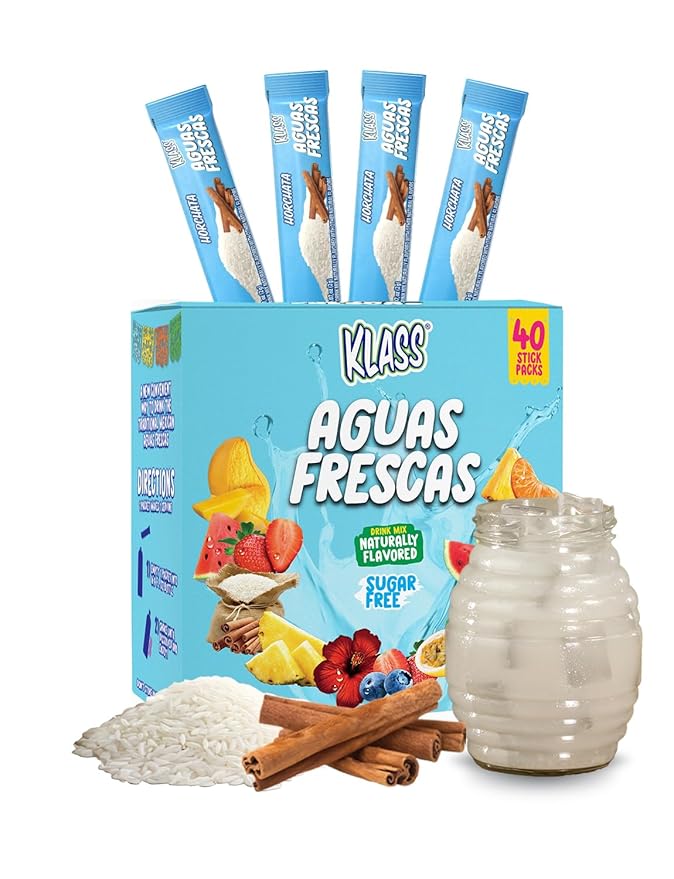 Klass Aguas Frescas, Powdered Drink Mix, 40 Singles Zero Sugar & Caffeine-Free Powder Packets, Water Drink Mix, Flavor: Horchata - 5 Calories Per Packet & Natural Flavors