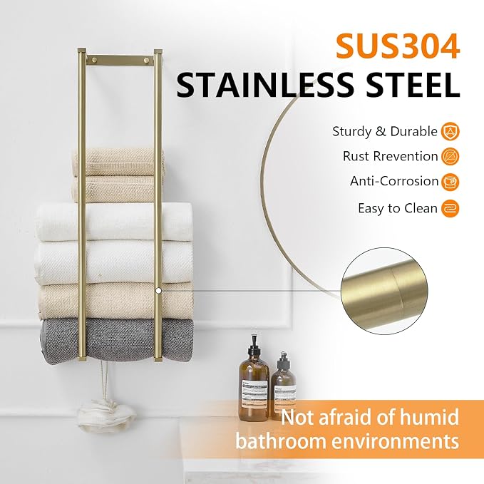 BWE Brushed Gold Towel Racks for Bathroom, 28" Stainless Steel Bathroom Towel Holder for Rolled Towels, Wall Mounted Towel Storage for Bathroom with 2 Hooks, 6 Large Bath Towels Capacity
