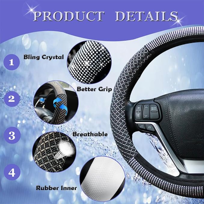 Bling Steering Wheel Cover, Bling Crystal Rhinestone Steering Wheel Cover Universal, 15 Inch Sparkling Anti-Slip Wheel Protector for Women or Girls, Easy Installation and Cleaning(Half Black)