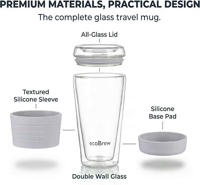 16oz Double Wall All Glass Tumbler with Lid, Dishwasher Safe & Microwavable Glass Travel Mug, Clear Coffee Tumbler To Go, Reusable Ceramic Cup for Hot & Cold Drinks