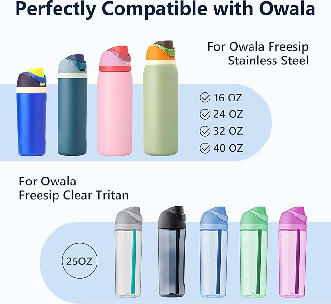 2 IN 1 Replacement Lid for Owala Freesip, Compatible with Owala Cup 16oz 24oz 32oz 40oz, One Button Water Bottle Top Lid Replacement Accessory and Straws, Leakproof, BPA-Free, Grayish Blue