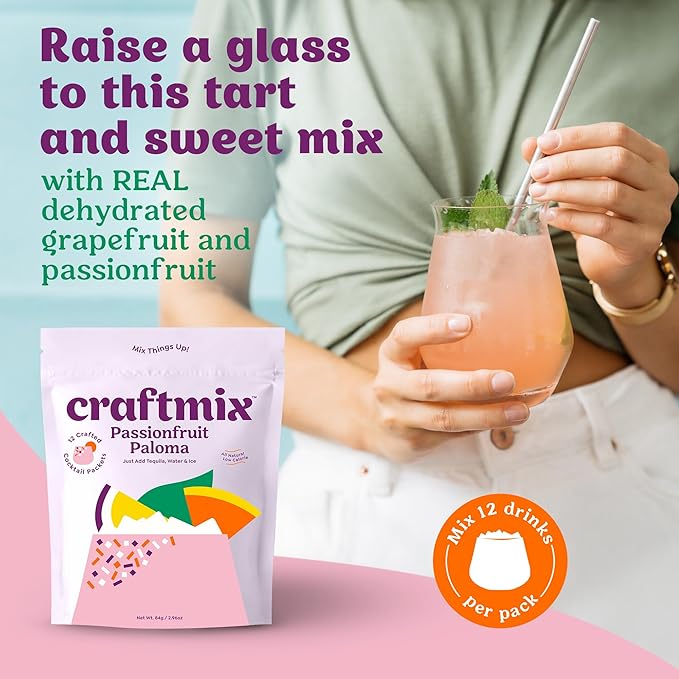 Craftmix Passionfruit Paloma Cocktail & Mocktail Drink Mixer, Skinny Mixes - Water Flavoring Packets - Made With Real Fruit - Vegan, No-Carb, No-Sugar, Non-GMO, Dairy Free, Gluten Free, 12 Pack