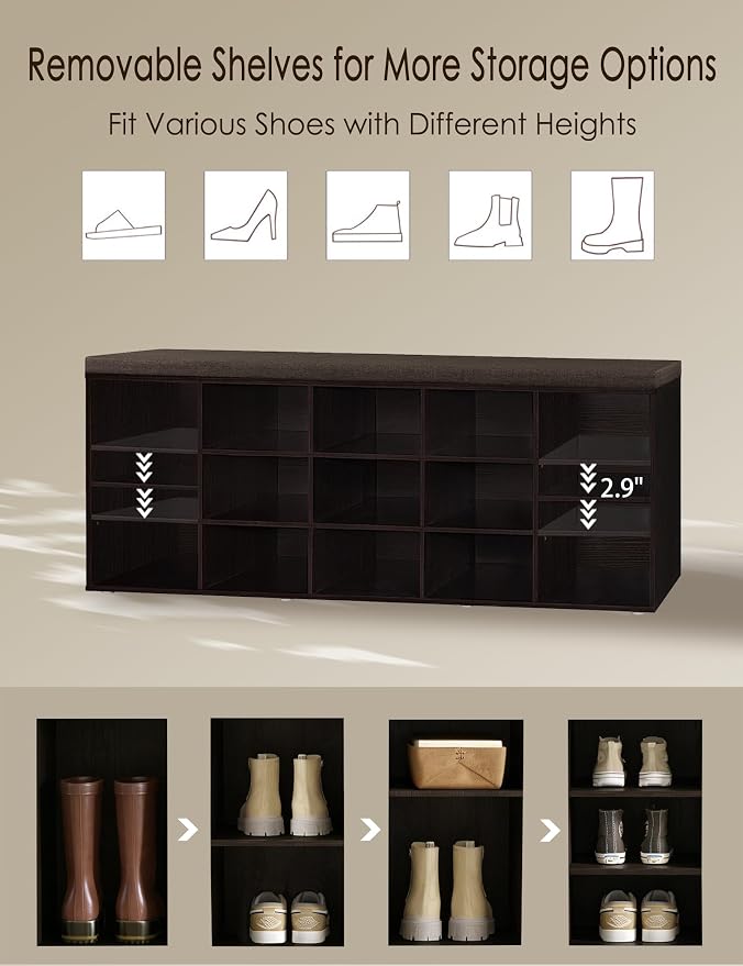 DINZI LVJ Shoe Storage Bench with Cushion, 13-Cubby Shoe Rack, Adjustable Shelves, Multifunctional Shoe Organizer Bench for Entryway, Mudroom, Hallway, Living Room, Bedroom and Garage, Espresso