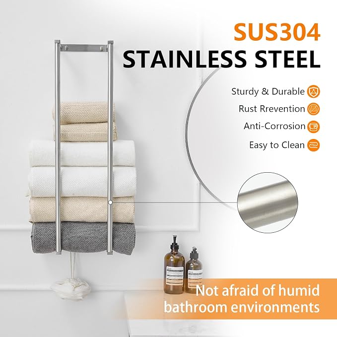 BWE Brushed Nickel Towel Racks for Bathroom, 28" Stainless Steel Bathroom Towel Holder for Rolled Towels, Wall Mounted Towel Storage for Bathroom with 2 Hooks, 6 Large Bath Towels Capacity