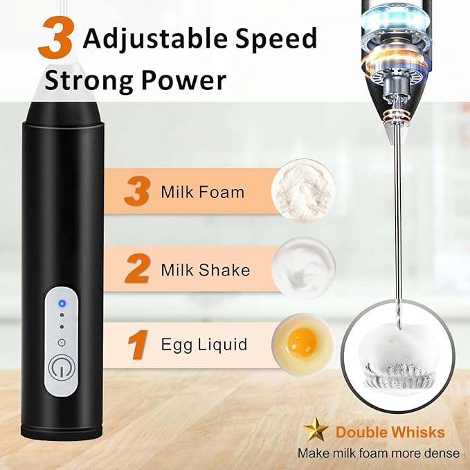 Rechargeable Milk Frother, Handheld Drink Mixer Electric Foam Maker for Coffee with Stainless Steel Whisk ＆ 3 Speeds, USB-C Coffee Frother Wand for Cappuccino, Latte, Matcha, Protein Powder (Black)