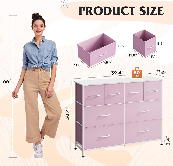 WLIVE Dresser for Bedroom with 8 Drawers, Wide Fabric Dresser for Storage and Organization, Bedroom Dressers, Chest of Drawers for Living Room, Closet, Hallway, Cloudy Pink