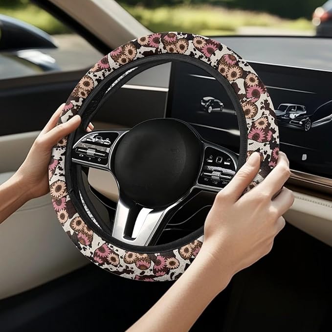 Universal Non-Slip Steering Wheel Cover, 15-inch Polyester Material Driving Accessories, Adjustable for Car and Truck(Sunflower Heart Leopard Print)