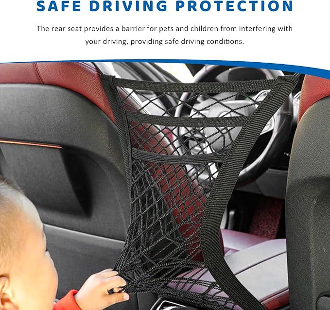 3-Layer Car Mesh Organizer, Stretchable Storage Netting Pouch Seat Back Cargo Net Bag, Universal Tissue Handbag Purse Holder Barrier of Backseat Pet Between Front Seats