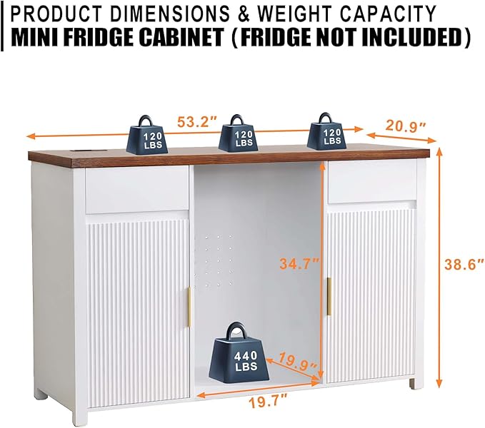 GDLF Large Coffee Bar Cabinet with Fridge Space, Mini Fridge Cabinet with Wine Storage, Buffet Sideboard Table for Home, Fluted Modern Design,53.2" L，White