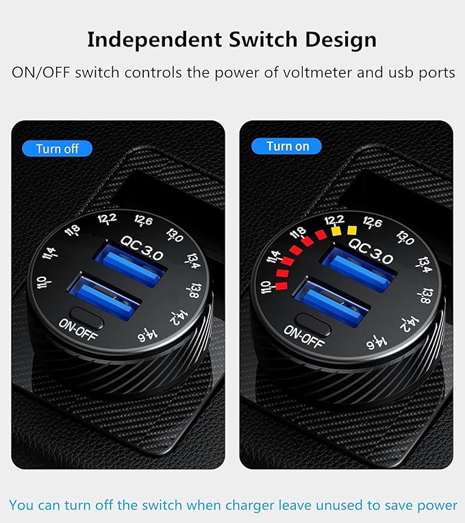 KEWIG Car Charger, 36W Fast Car Charger Adapter, Dual USB Car Fast Charge with Colorful Voltmeter & ON/Off Switch