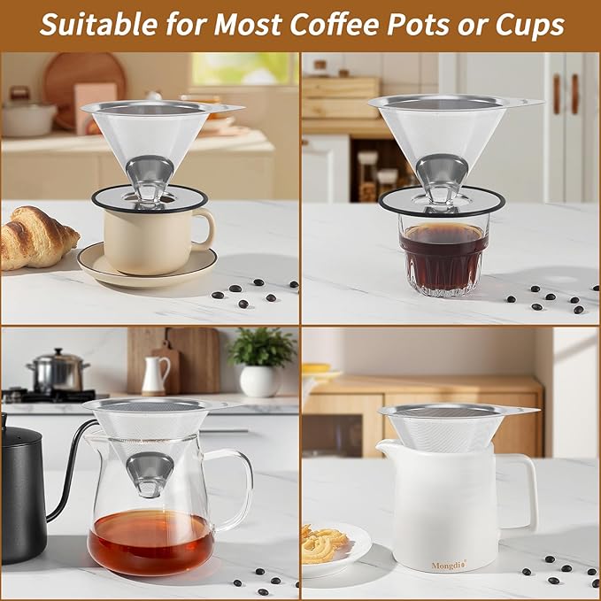 Mongdio Pour Over Coffee Dripper, Stainless Steel Coffee Dripper, Reusable Metal Coffee Filter, Double Mesh Design of Pour Over Coffee Maker with Removable Base, 1-4 Cups