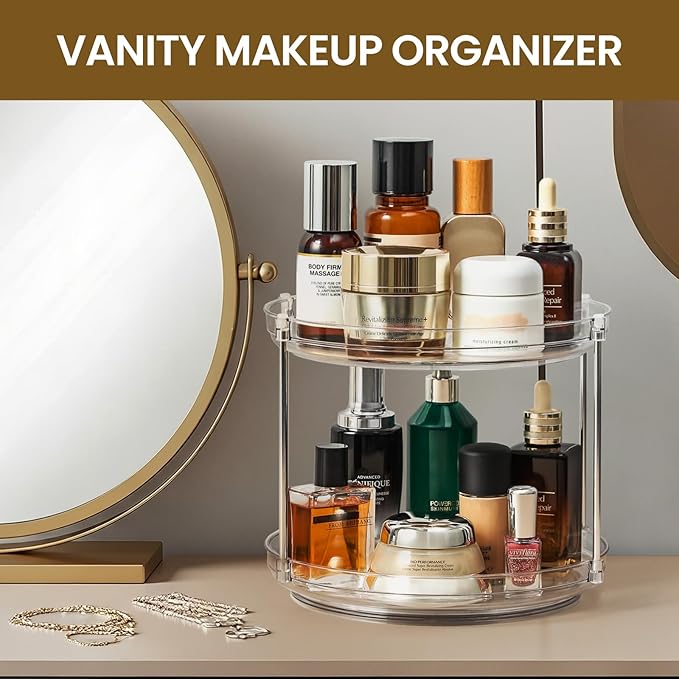 2 Set 2 Tier Non-Skid Acrylic Lazy Susan Organizer - Rotating Spice Rack - Turntable Spinning Organization for Kitchen, Pantry, Countertop, Closet, Bathroom, Vanity, Medicine Cabinet Organizing, 10''