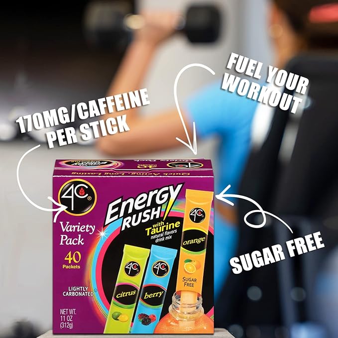 4C Energy Rush Stix, Variety 1 Pack, 40 Count, Single Serve Water Flavoring Packets, Sugar Free with Taurine, On the Go Bundle (20 Berry, 10 Orange, 10 Citrus)