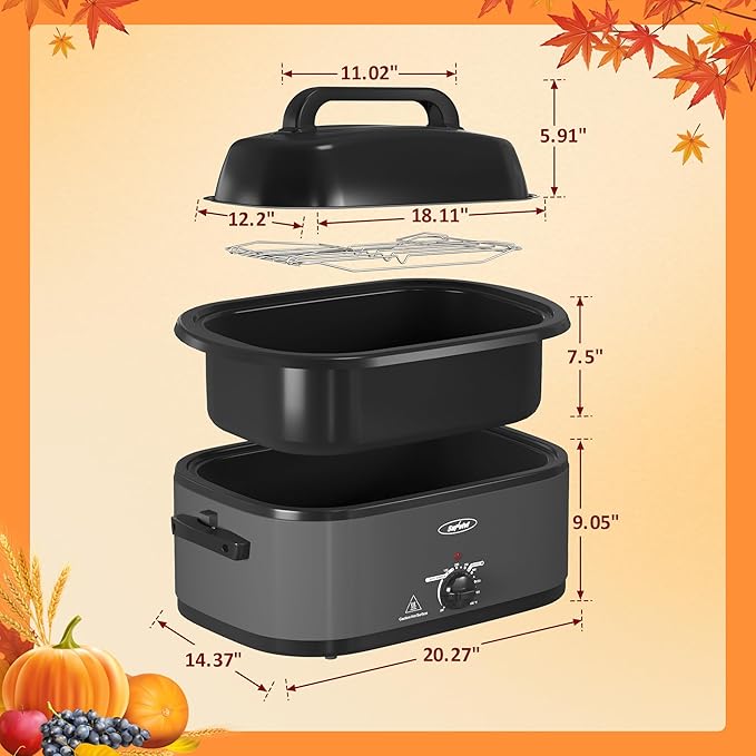 Sunvivi Electric Roaster, 28-Quart Electric Roaster Oven featuring a Glass Lid, Ideal for Turkey Roasting with Self-Basting Cover, Detachable Pan, Cool-Touch Handles, Grey