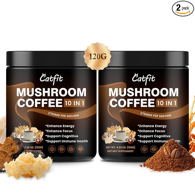 Catfit Instant Mushroom Coffee Powder, 10-in-1 Adaptogen Blend with Lion's Mane, Chaga & Cordyceps for Energy, Focus, Gut Health & Immune Support - 240g, 75 Servings