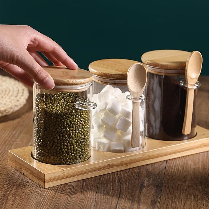 Glass Spice Storage Container with Spoon, 3PCS 20oz Airtight Sealed Condiment Jar with Tray, Kitchen Pantry Seasoning Canister Set for Salt Coffee Sugar Tea & Bathroom Cotton Swab Ball