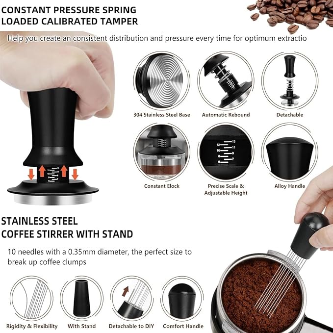 58mm Espresso Accessories 10 PCS - WDT Tool Kit， Coffee Tamper with Wood Espresso Tamping Station， Frothing Pitcher, Distributor, Stirrer, Dosing Funnel, Brush, Puck Screen， Latte Art Pen
