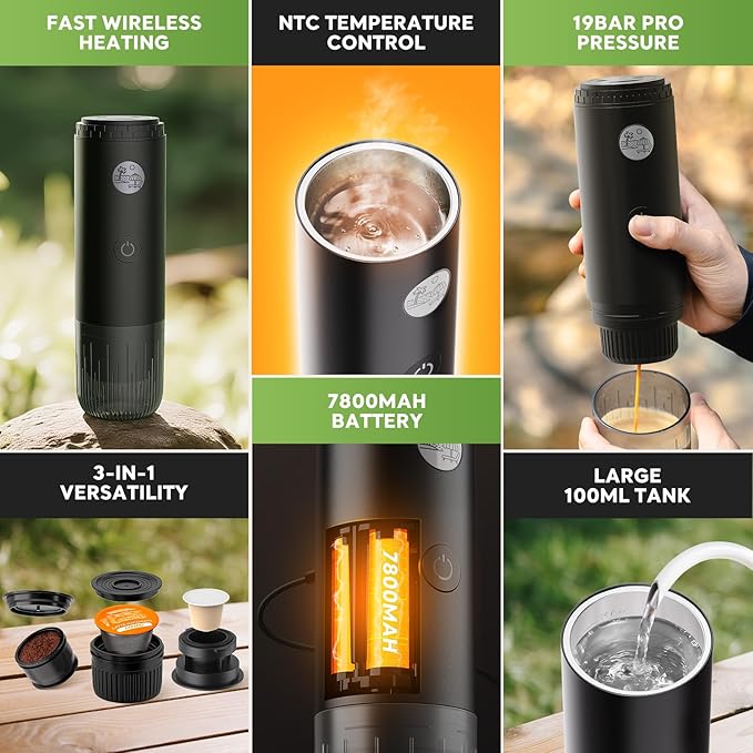 BENFUCHEN 3 in 1 Portable Electric Espresso Machine for Nespresso Capsule, Travel Coffee Maker with Ground Coffee for Camping, RV, Hiking, Office,Car Coffee Maker Self-Heating with USB-C (Black)