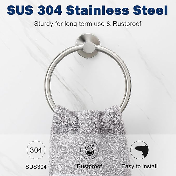 NearMoon Bath Towel Ring, Bathroom Hardware Accessories-Thicken Stainless Steel Hand Towel Holder for Bathroom, Modern Round Towel Hanger Wall Mounted (Brushed Nickel, 3 Pack)