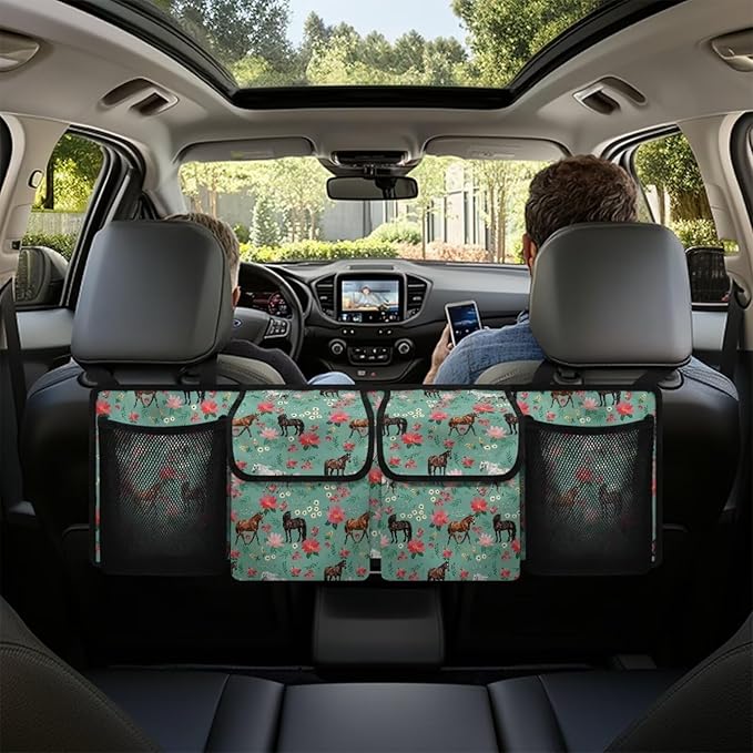 Horses Car Trunk Organizer with 4 Storage Bags Pink Floral Flowers Car Storage Organizer Waterproof,Easy to Install