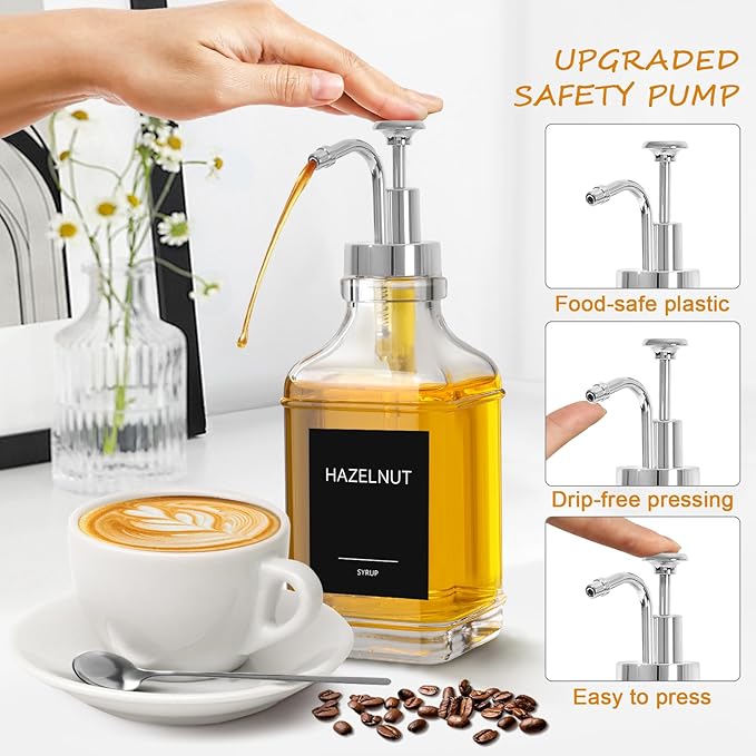 Coffee Syrup Dispenser, Coffee Bar Accessories 16.9 fl oz/500ml, Glass Syrup Dispenser with Silver Pump Dispenser, Labels, Spoons for Coffee Bar, 4 Pack