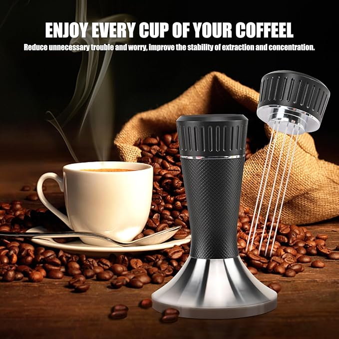 53mm Espresso Tamper, 2-in-1 Premium Barista Coffee Tamper & WDT Tool, Excellent Quality Curve Stainless Steel Base Tamper for Espresso Machine, Compatible with Breville Series 54mm Portafilter Baske