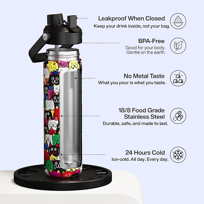 ENCOOL Insulated Water Bottle with Straw Stainless Steel Water Bottle, Leak-Proof, BPA-Free, Double Wall Vacuum Keeps Cold for 24 Hours for Sports, Travel, School (26 oz, Cat Pattern)
