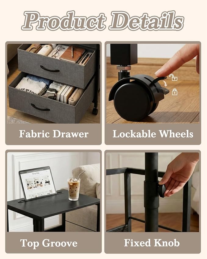Faesun Swivel Lift Top Nightstand with Charging Station, Rolling Side Table for Recliner, Bedside Table with Wheels & 2 Fabric Drawers, for Small Spaces, for Bedroom, Living Room, Black Gray