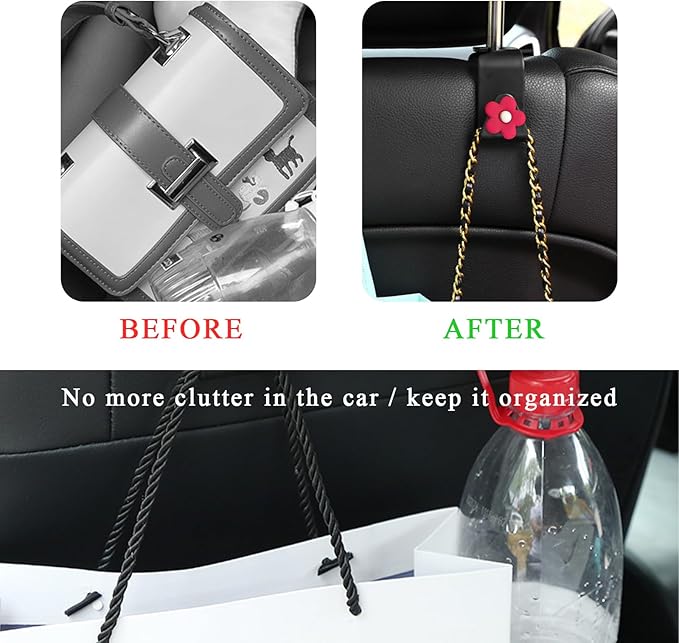 4 PCS Car Seat Headrest Hook, Plastic Headrest Hooks with Adhesive Flower, Auto Back Seat Hanger Storage Hook for Grocery Bag Purse Handbag Umbrella, Car Accessories (Red)