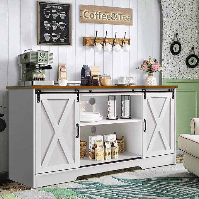 4 EVER WINNER Farmhouse Coffee Bar Cabinet, 59" Buffet Cabinet with Storage & Sliding Barn Doors, Kitchen Storage Cabinet, Coffee Station, Living Dining Room, White