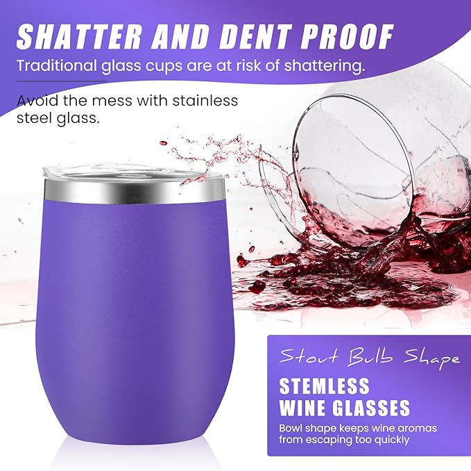 16 Pack Stainless Steel Wine Tumblers 12 oz Insulated Vacuum Wine Cup Set Double Wall Stainless Steel Stemless Mug Glasses for Coffee Soda Whiskey Outdoor Travel (Purple)
